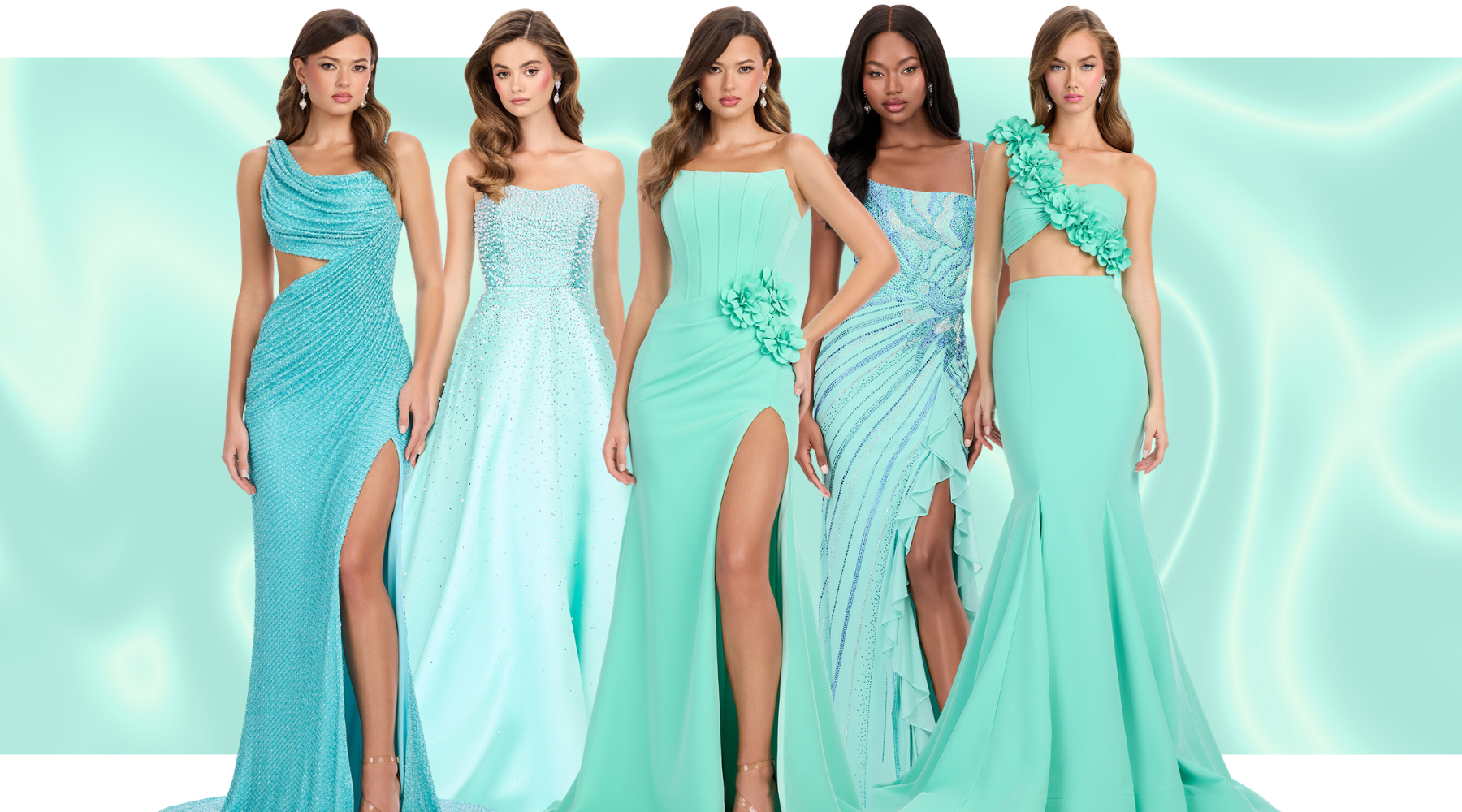 Aqua prom dress styling | Crystal accessories, silver heels and glamorous makeup