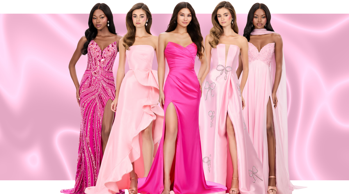 Pink strapless prom dress styling | Crystal accessories, glamorous hair and soft makeup