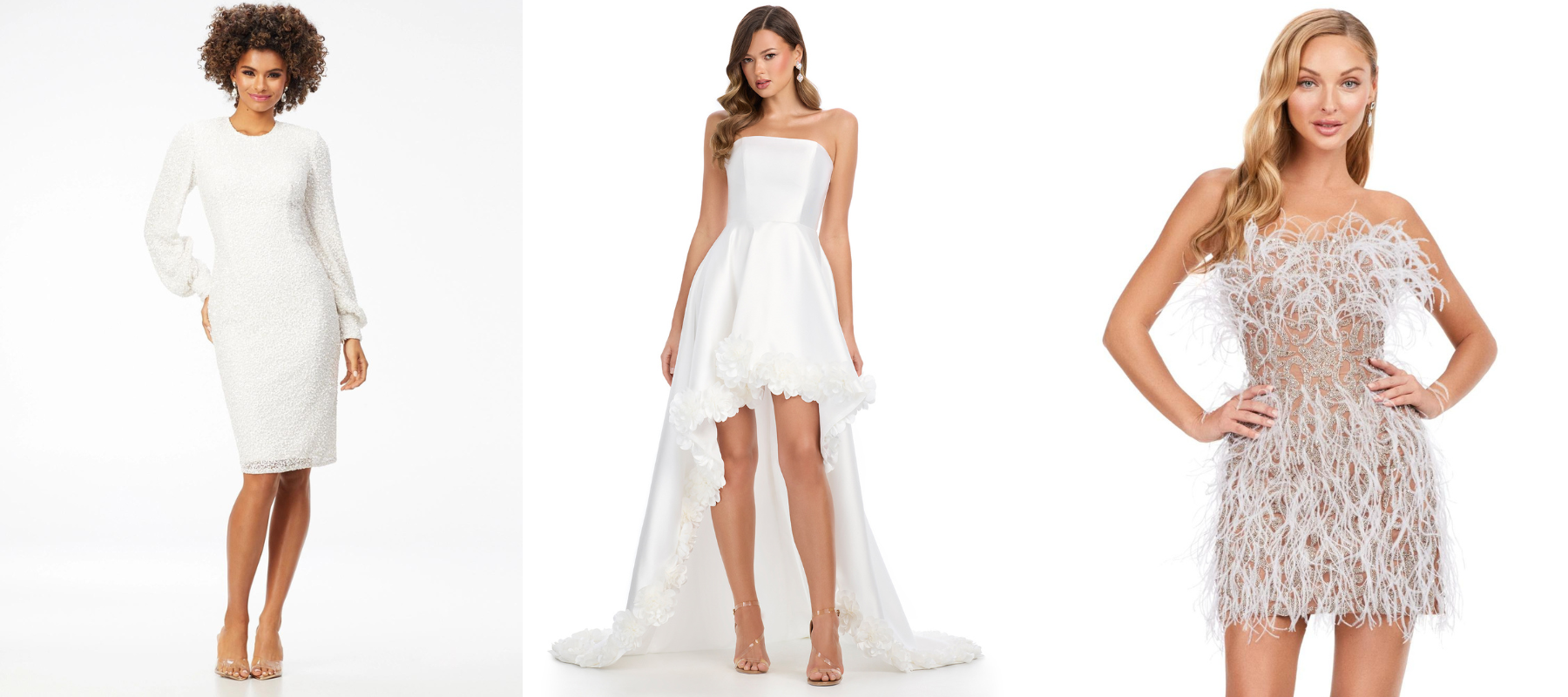 White ASHLEYlauren dresses for engagement photos and bridal showers, featuring beading, feathers, and elegant silhouettes