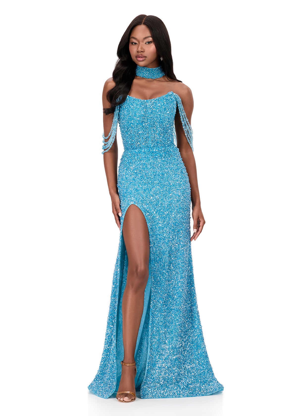 ASHLEYlauren 11598 Off Shoulder Pearl Beaded Gown ASHLEYlauren 11598 Off Shoulder Pearl Beaded Gown