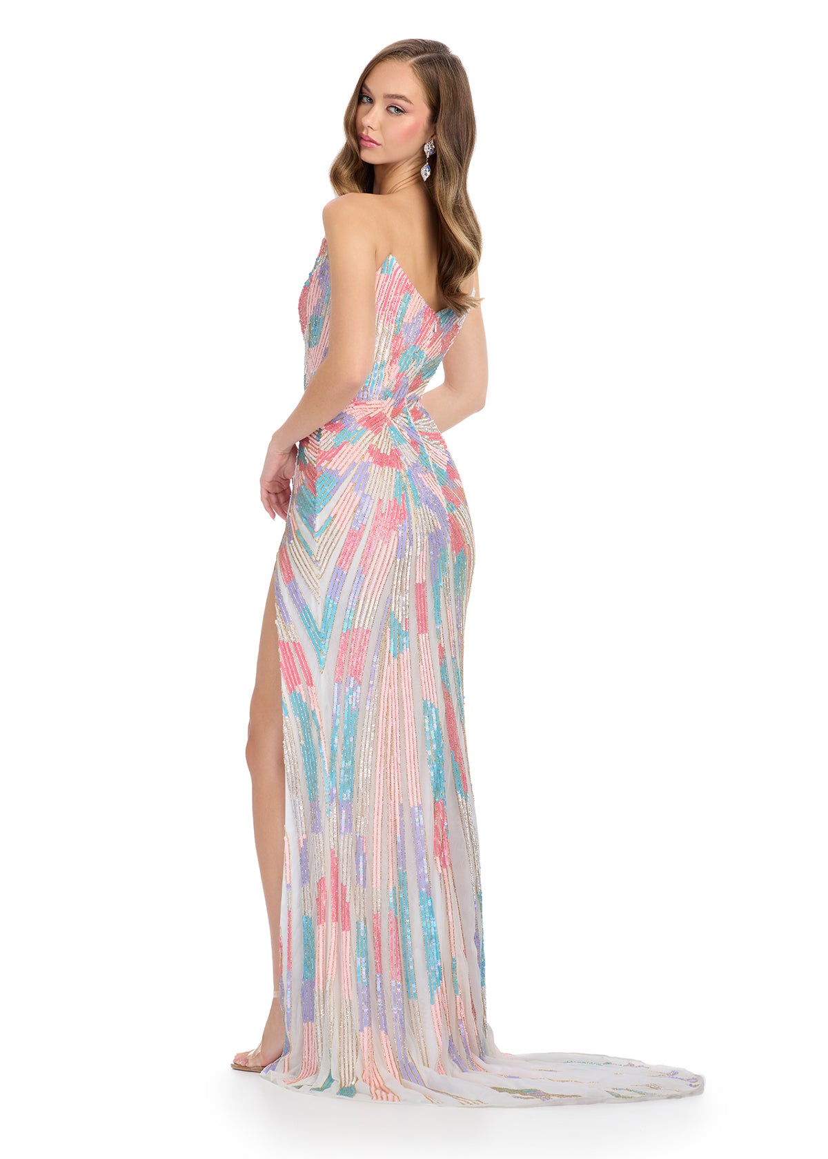 ASHLEYlauren 11822 - Pastel Multi Beaded Strapless Evening Gown - Embellished Ashley Lauren Dress with High Slit - Back View 
