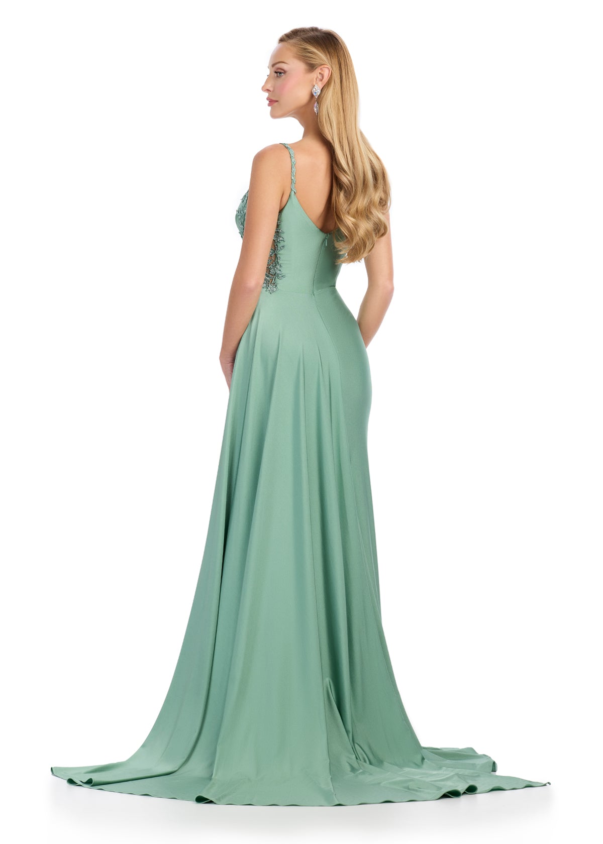 ASHLEYlauren 11853 Jersey Gown with Appliqué and Side Skirt