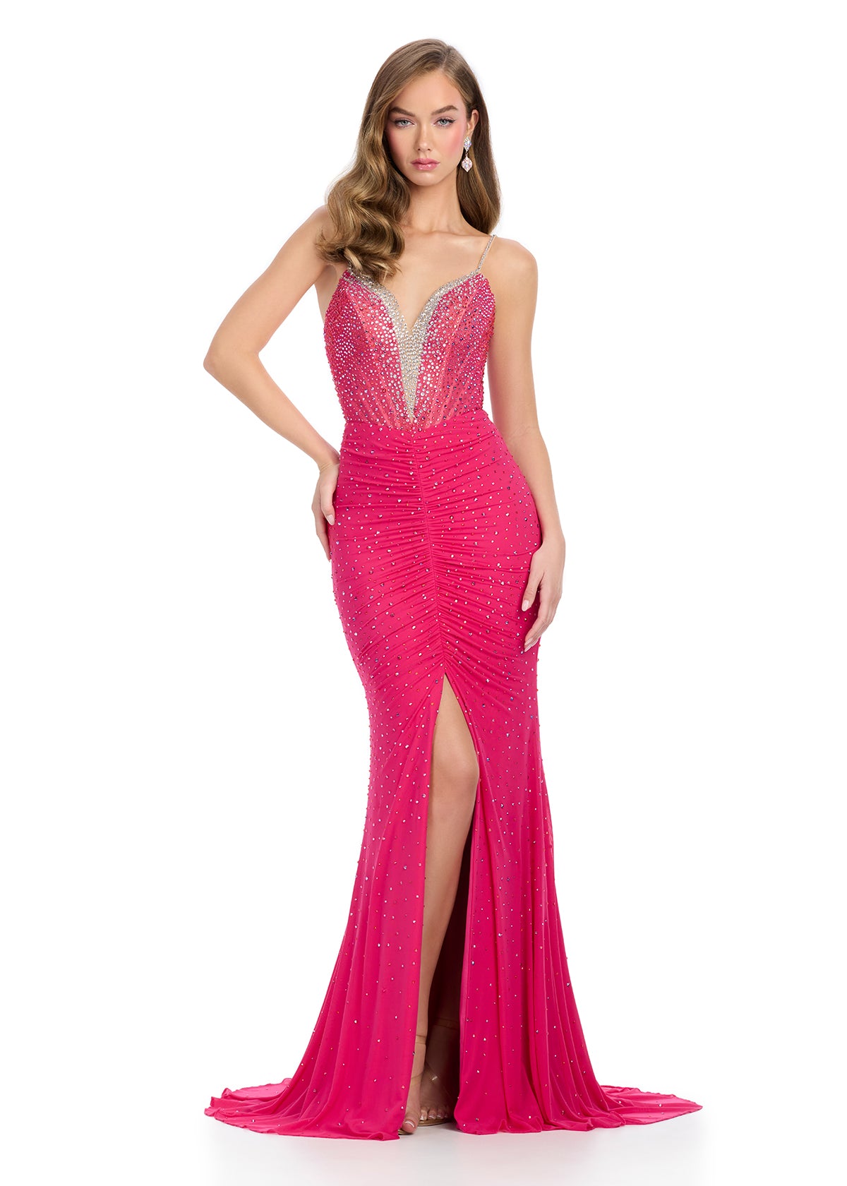 Fit for a queen, this captivating gown features a structured corset bustier adorned with shimmering press-on stones, a deep V-neckline, and a bold center slit for a regal and showstopping look. Perfect for special occasions.