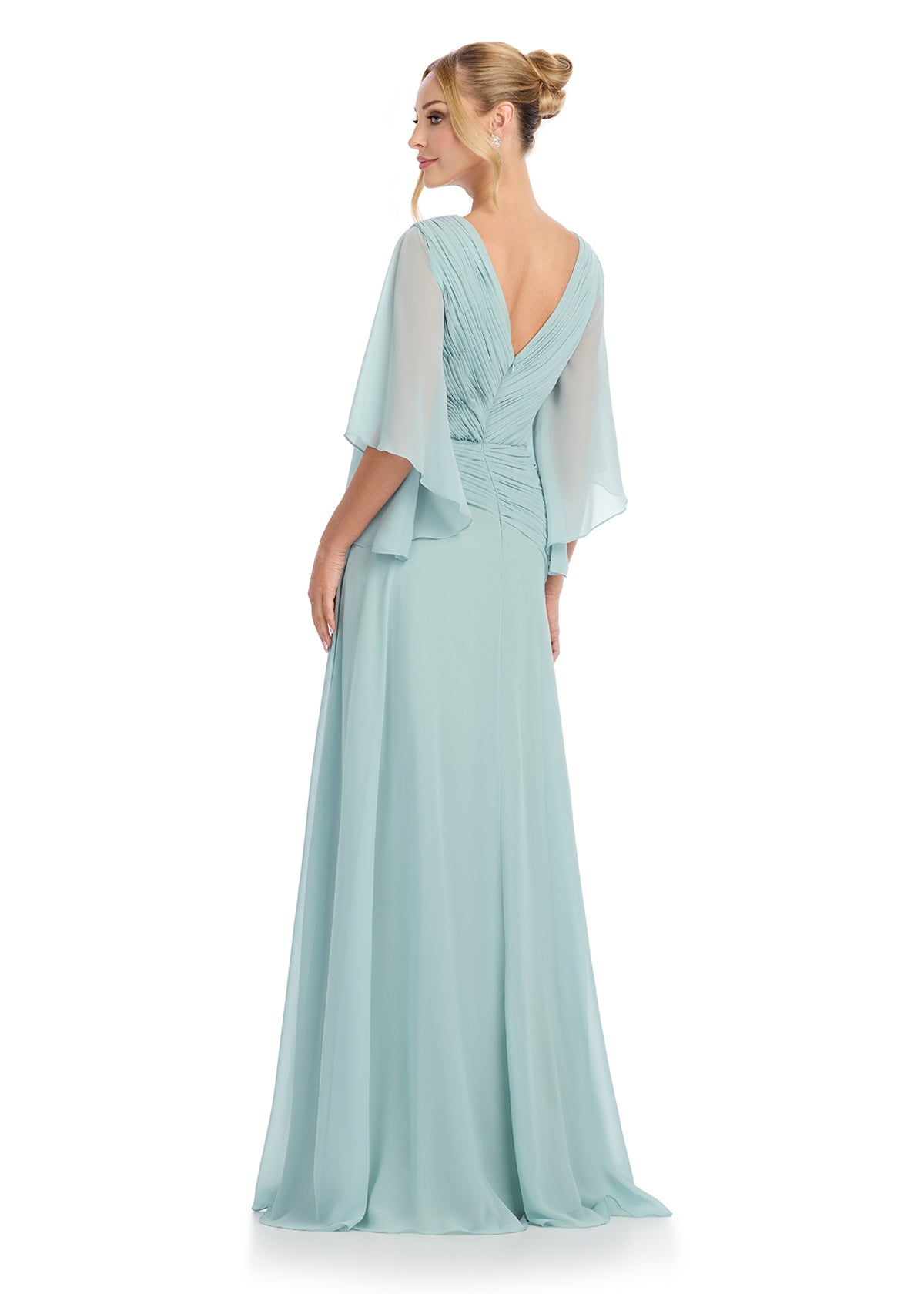 ASHLEYlauren 11877 – Sage -Chiffon Gown with Ruched Bodice &amp; Floral Waist
- Back View