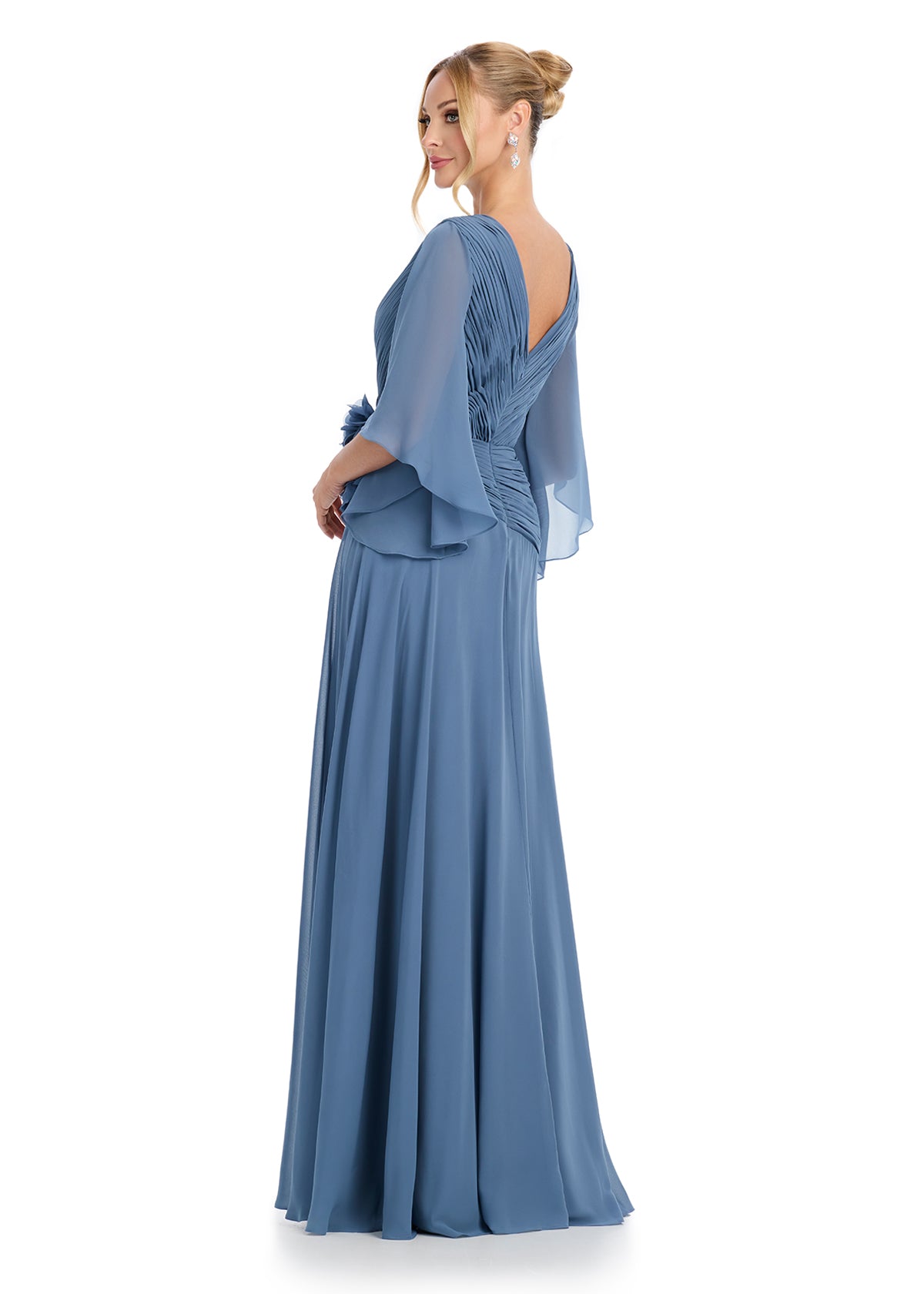 ASHLEYlauren 11877 – Slate Blue -Chiffon Gown with Ruched Bodice &amp; Floral Waist
- Back View