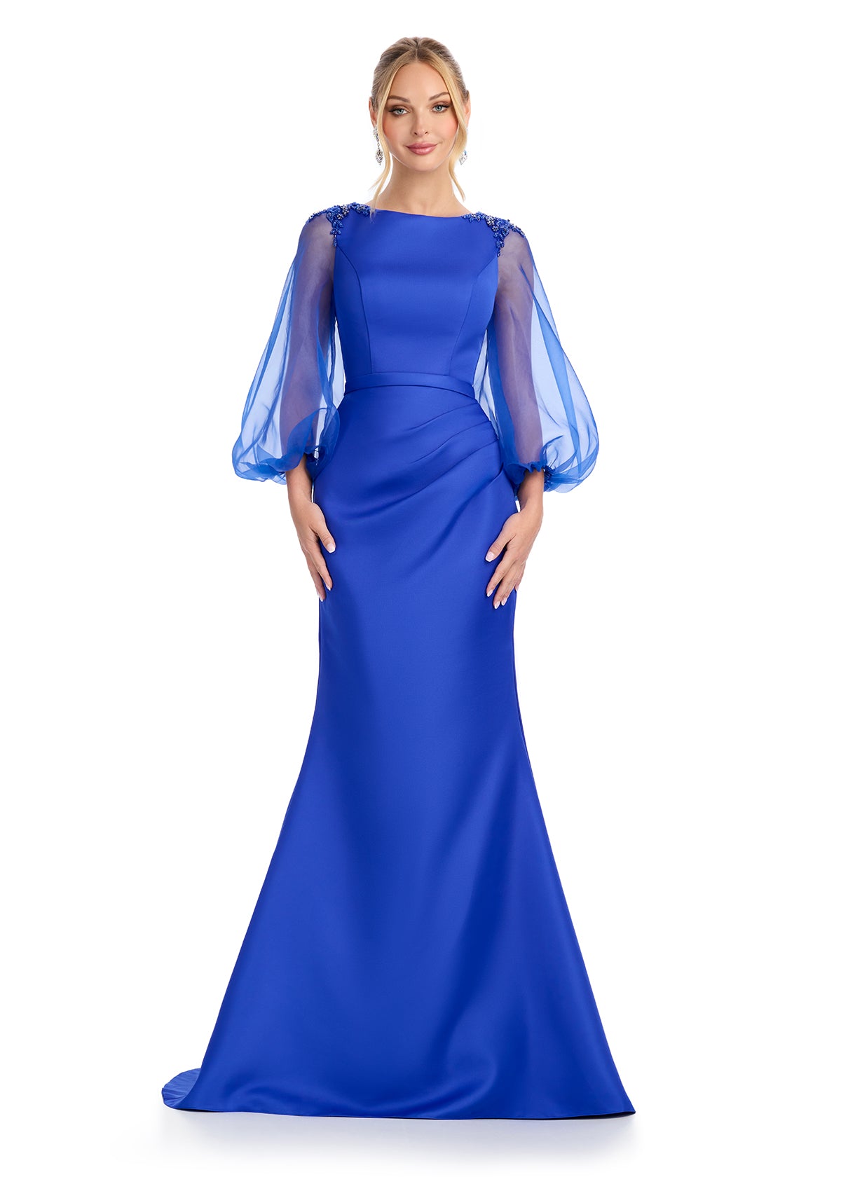 ASHLEYlauren 11879 Satin Gown with Organza Balloon Sleeves