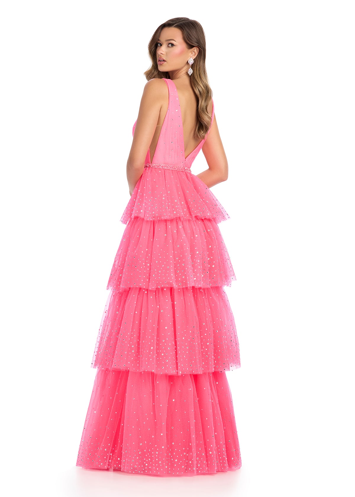 ASHLEYlauren 11894 – Tiered Stoned Dress with Crystal Bow Belt