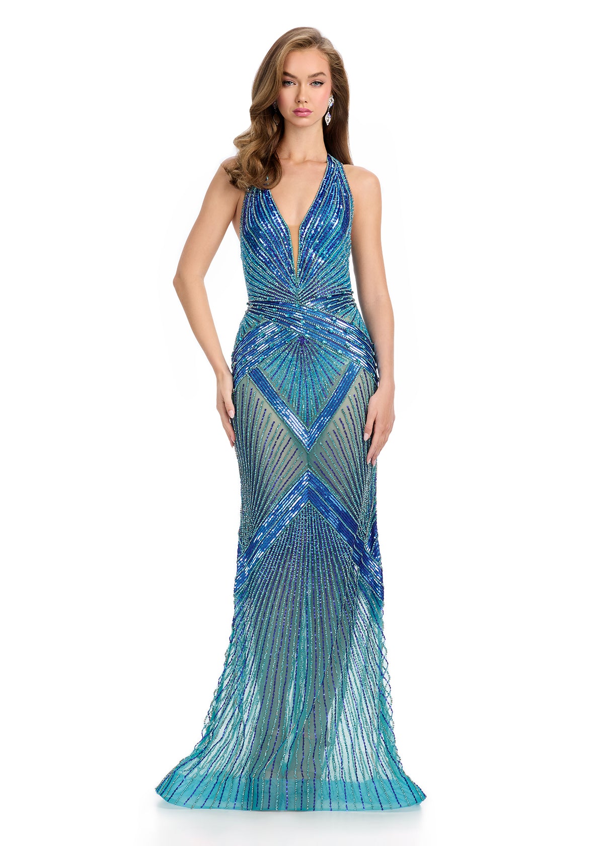 ASHLEYlauren 11956 Halter Beaded Gown with Sheer Skirt ASHLEYlauren 11956 Halter Beaded Gown with Sheer Skirt