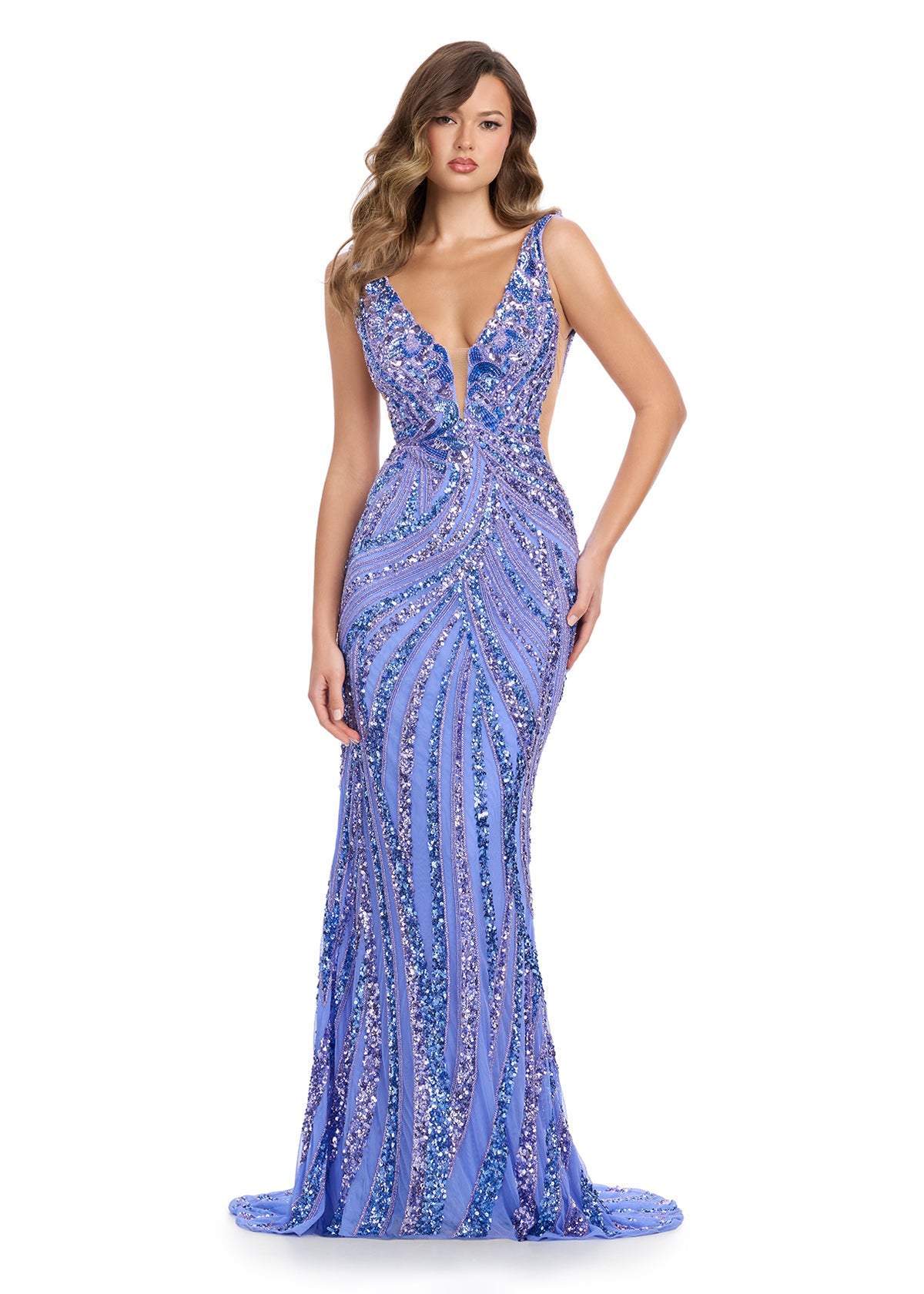 ASHLEYlauren 11980 Fully Beaded Gown with Illusion Cutouts