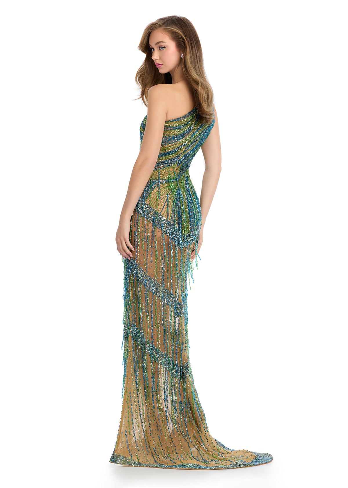 Back view - Peacock fully beaded one-shoulder gown featuring intricate beadwork and a fringe-adorned waistline that cascades down the skirt, creating a dazzling silhouette. Perfect for elegant evening events.
