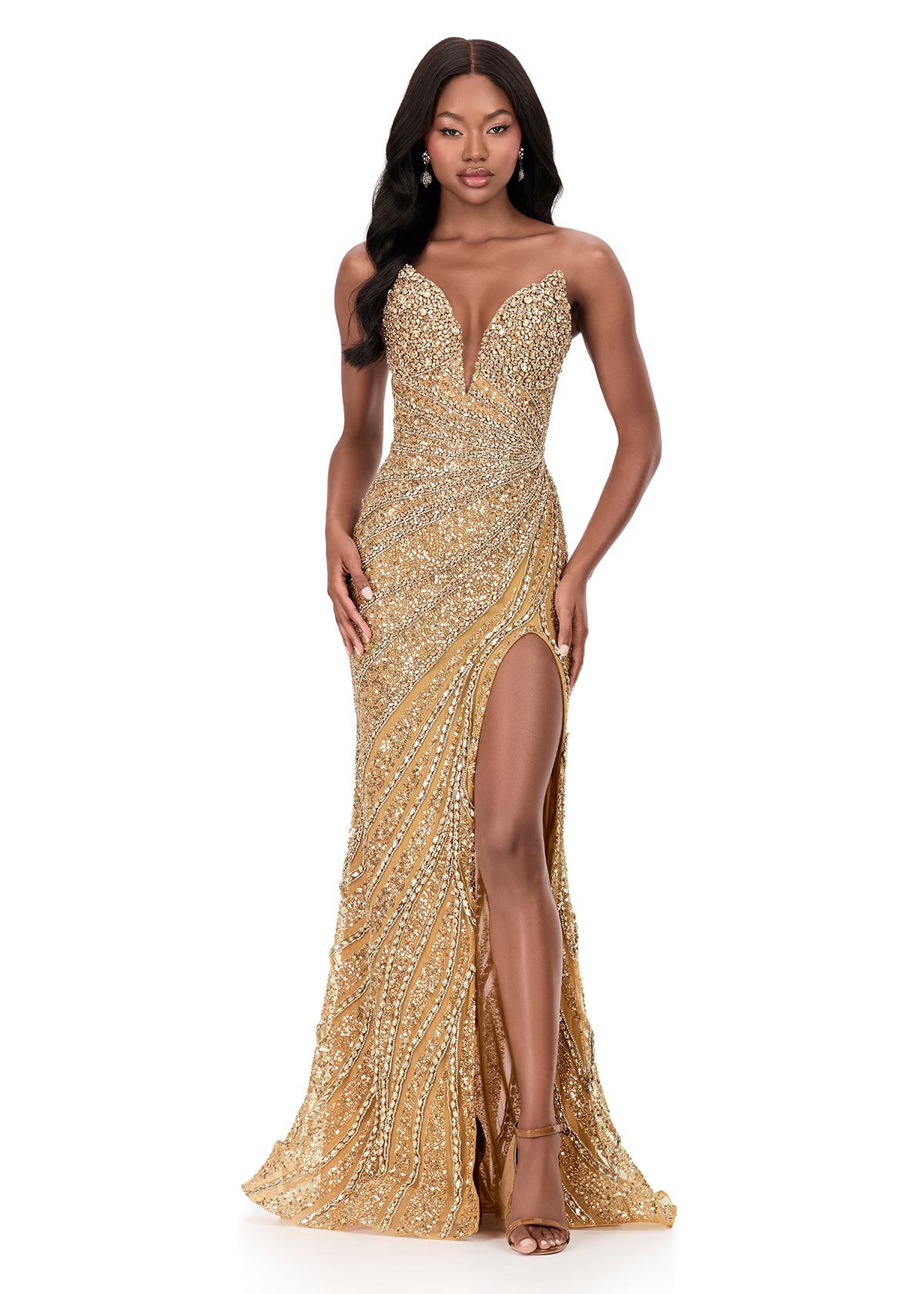 ASHLEYlauren 12011 Strapless Fully Beaded Slit Gown ASHLEYlauren 12011 Strapless Fully Beaded Slit Gown