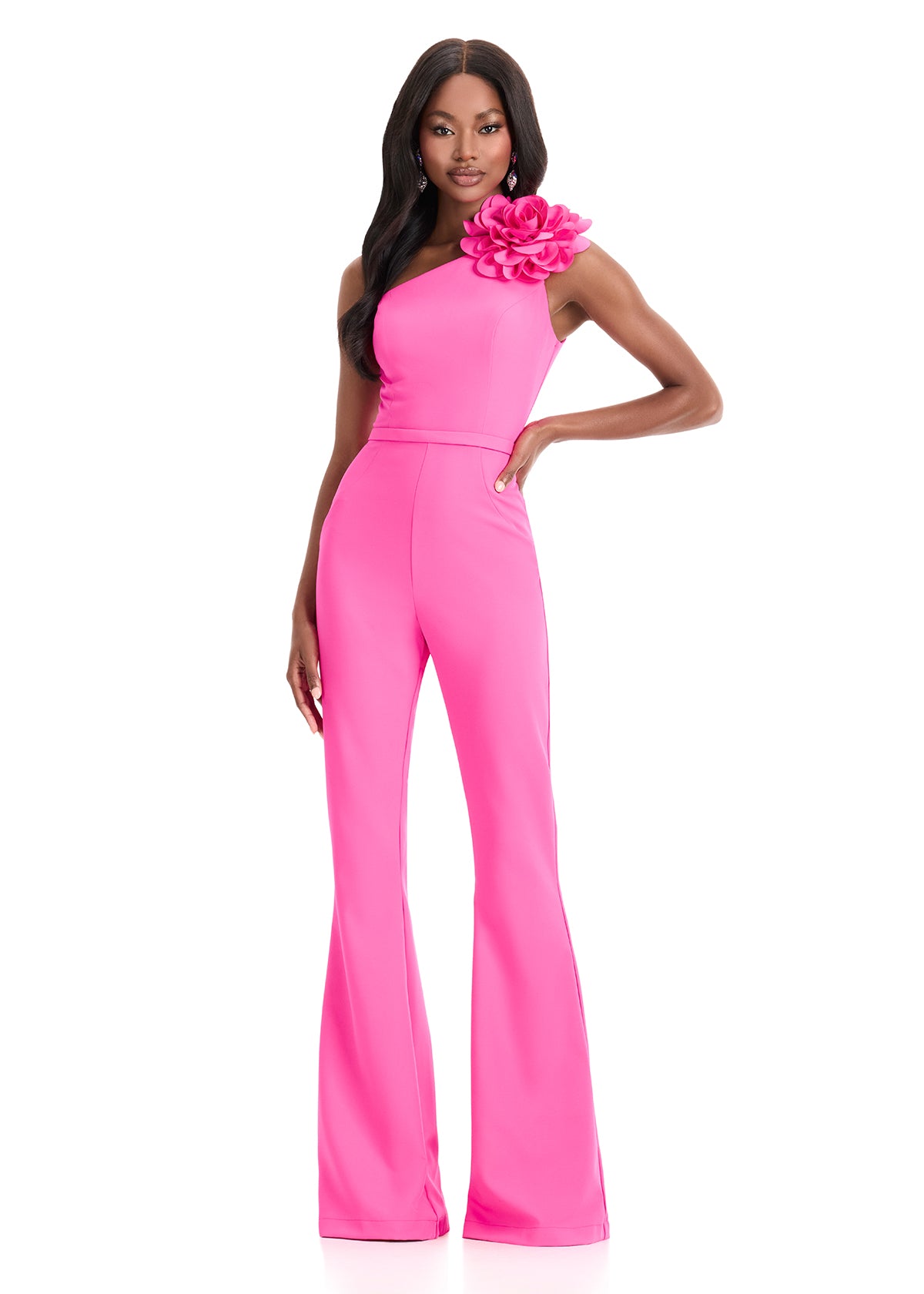 ASHLEYlauren 12035 – One-Shoulder Floral Appliqué Jersey Jumpsuit