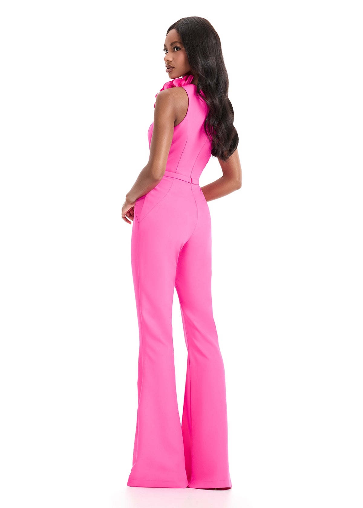 ASHLEYlauren 12035 – One-Shoulder Floral Appliqué Jersey Jumpsuit