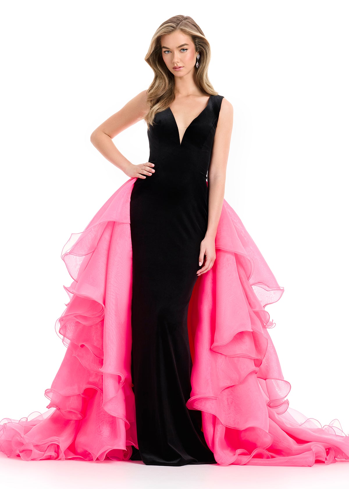 ASHLEYlauren 12049 Velvet Ball Gown with Layered Organza Ruffles ASHLEYlauren 12049 Velvet Ball Gown with Layered Organza Ruffles