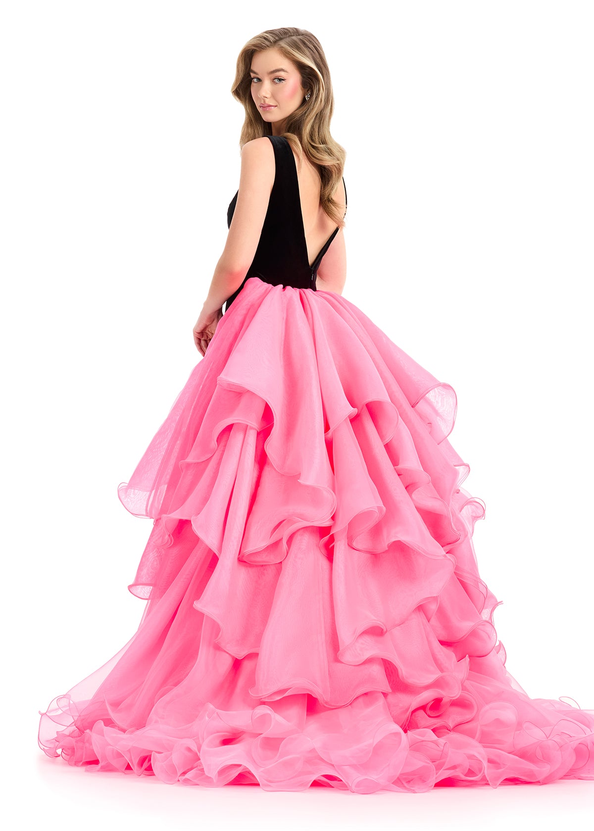 ASHLEYlauren 12049 – Velvet Ball Gown with Layered Organza Ruffles