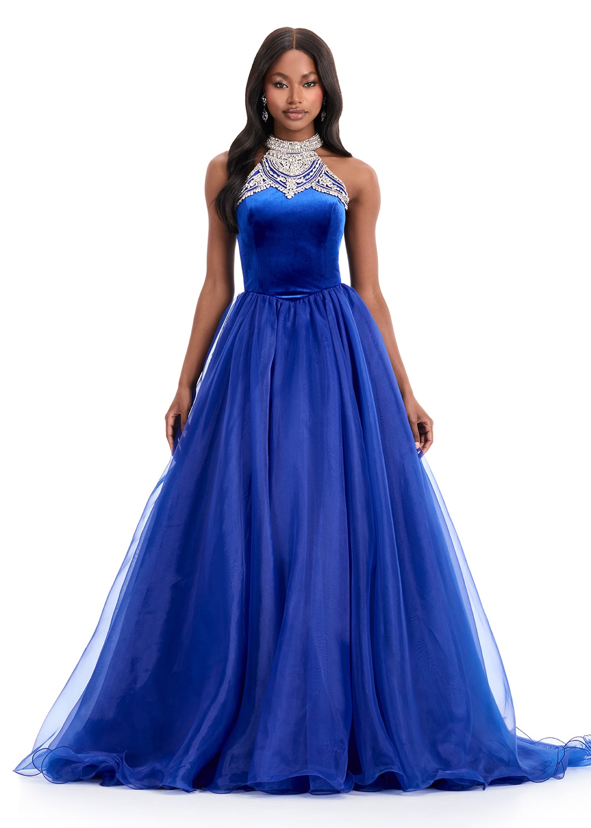 ASHLEYlauren 12050 – Velvet Halter Ball Gown with Organza Skirt