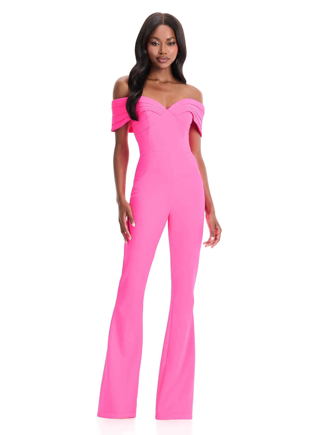 ASHLEYlauren 12054 – Off-Shoulder Scuba Jumpsuit with Flared Legs