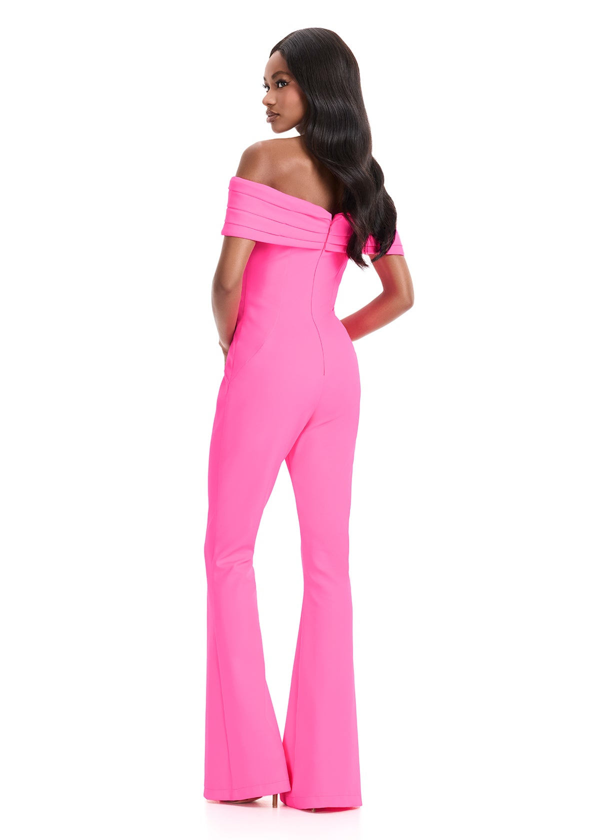 ASHLEYlauren 12054 – Off-Shoulder Scuba Jumpsuit with Flared Legs