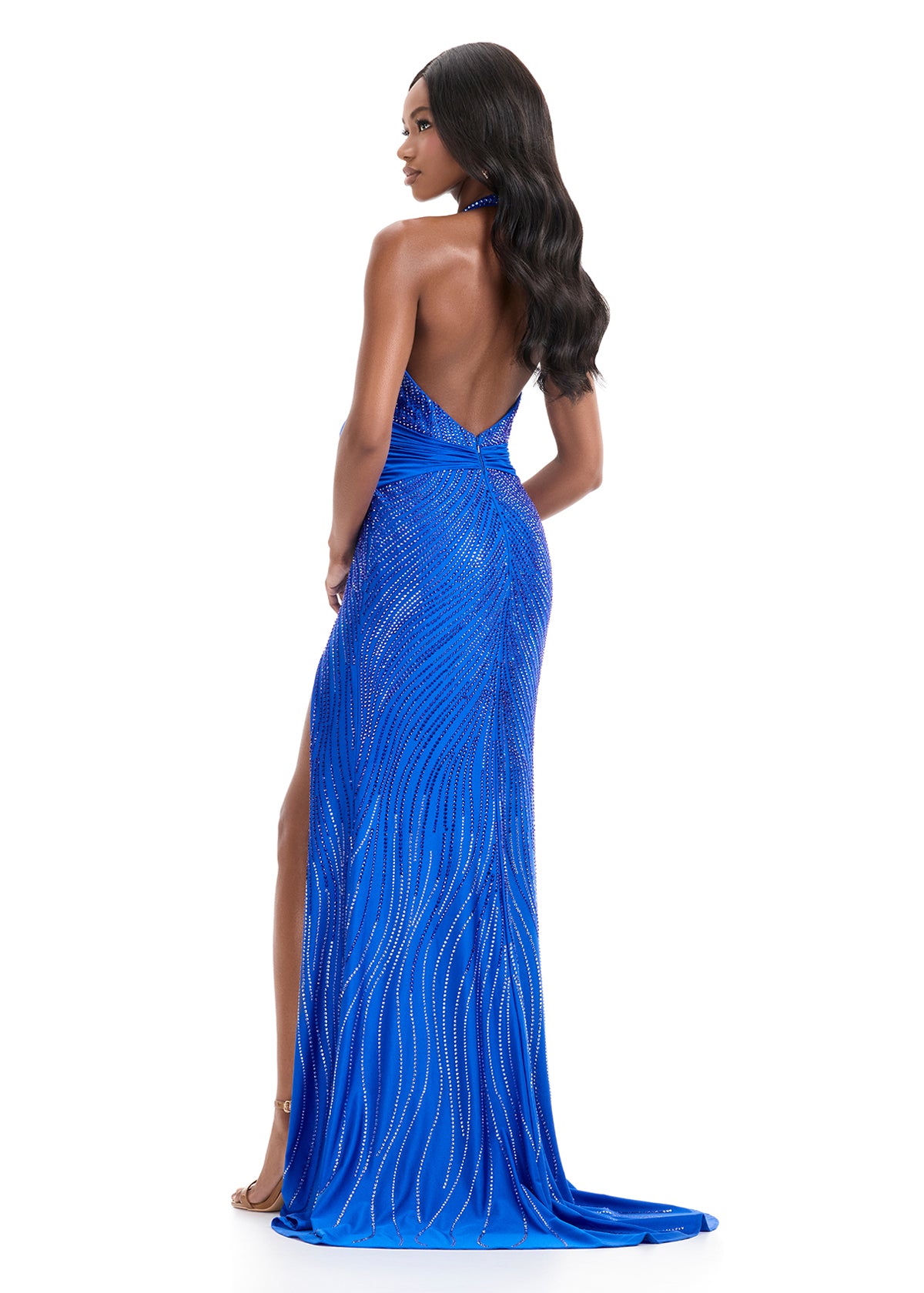 ASHLEYlauren 12064 Beaded Halter Jersey Gown with Slit & Bow ASHLEYlauren 12064 Beaded Halter Jersey Gown with Slit & Bow