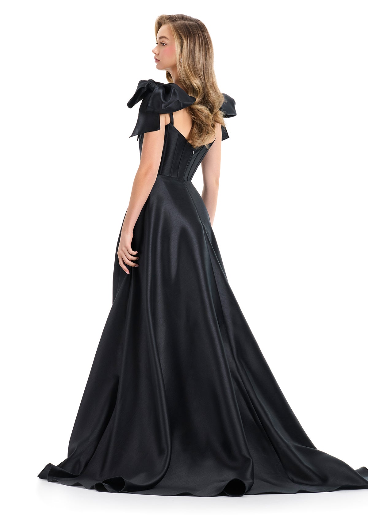 ASHLEYlauren 12065 – Mikado Gown with Bows and Pleated Skirt