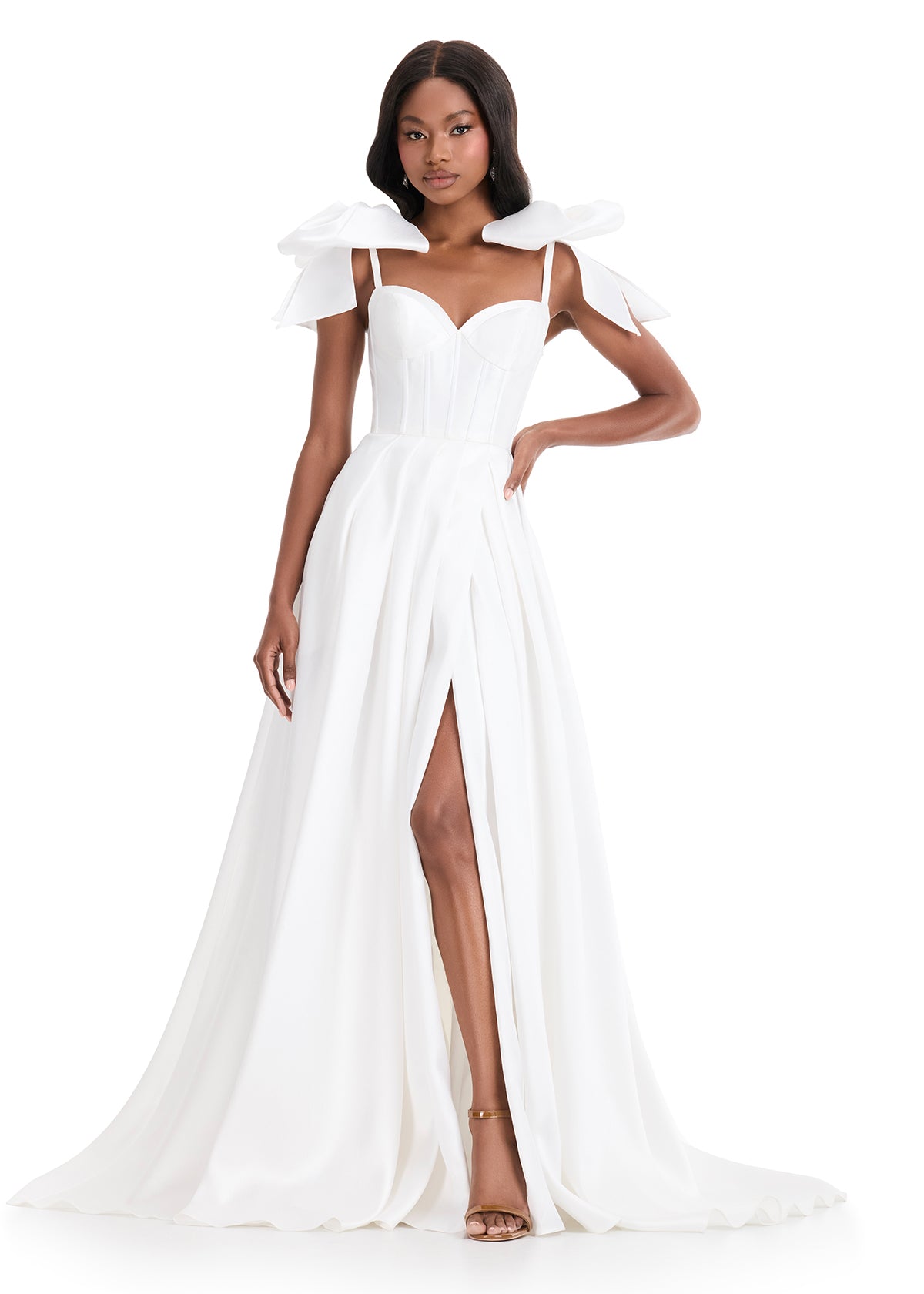 ASHLEYlauren 12065 – Mikado Gown with Bows and Pleated Skirt