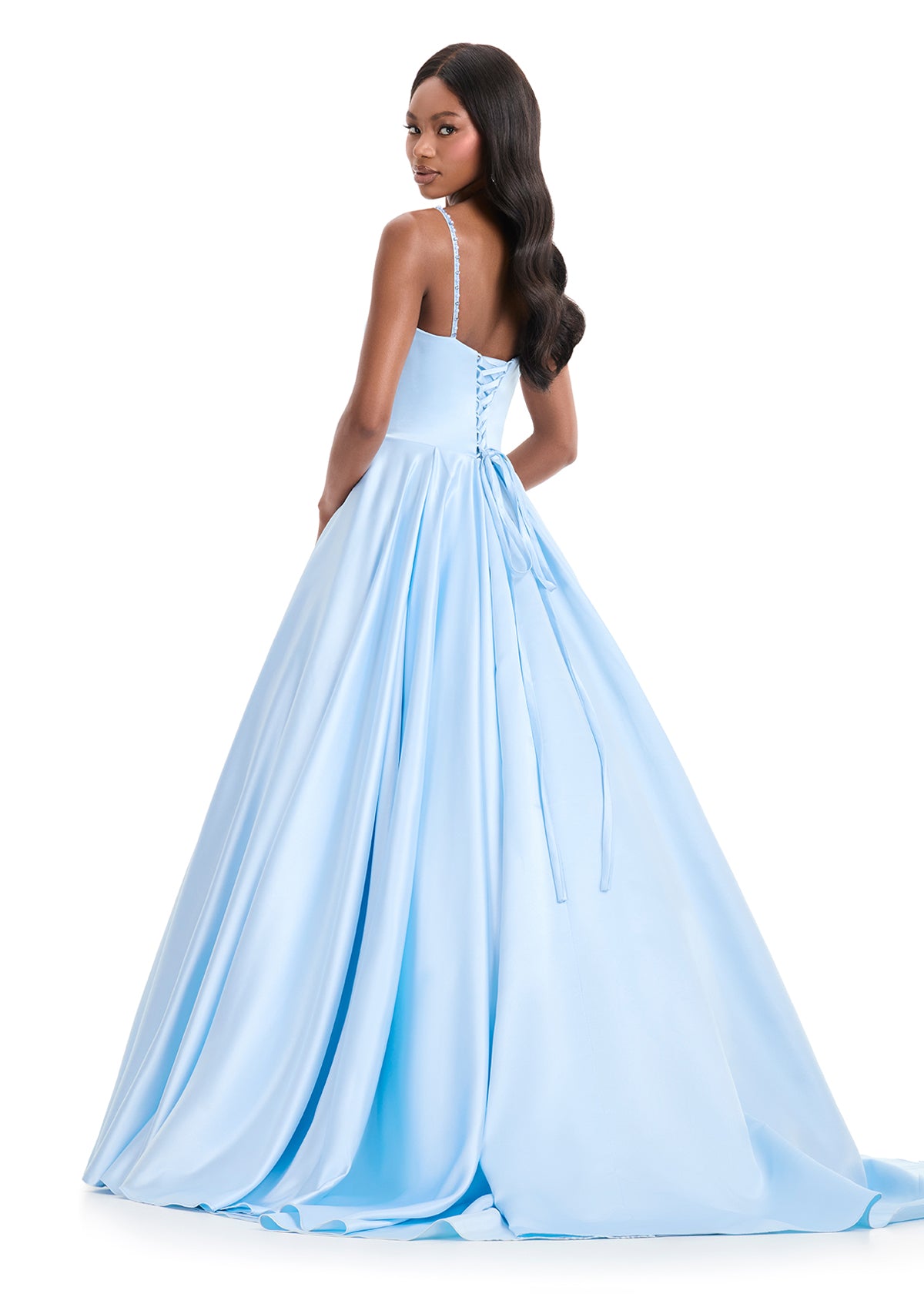 ASHLEYlauren 12086 – Beaded Bodice Satin Ball Gown with Train
