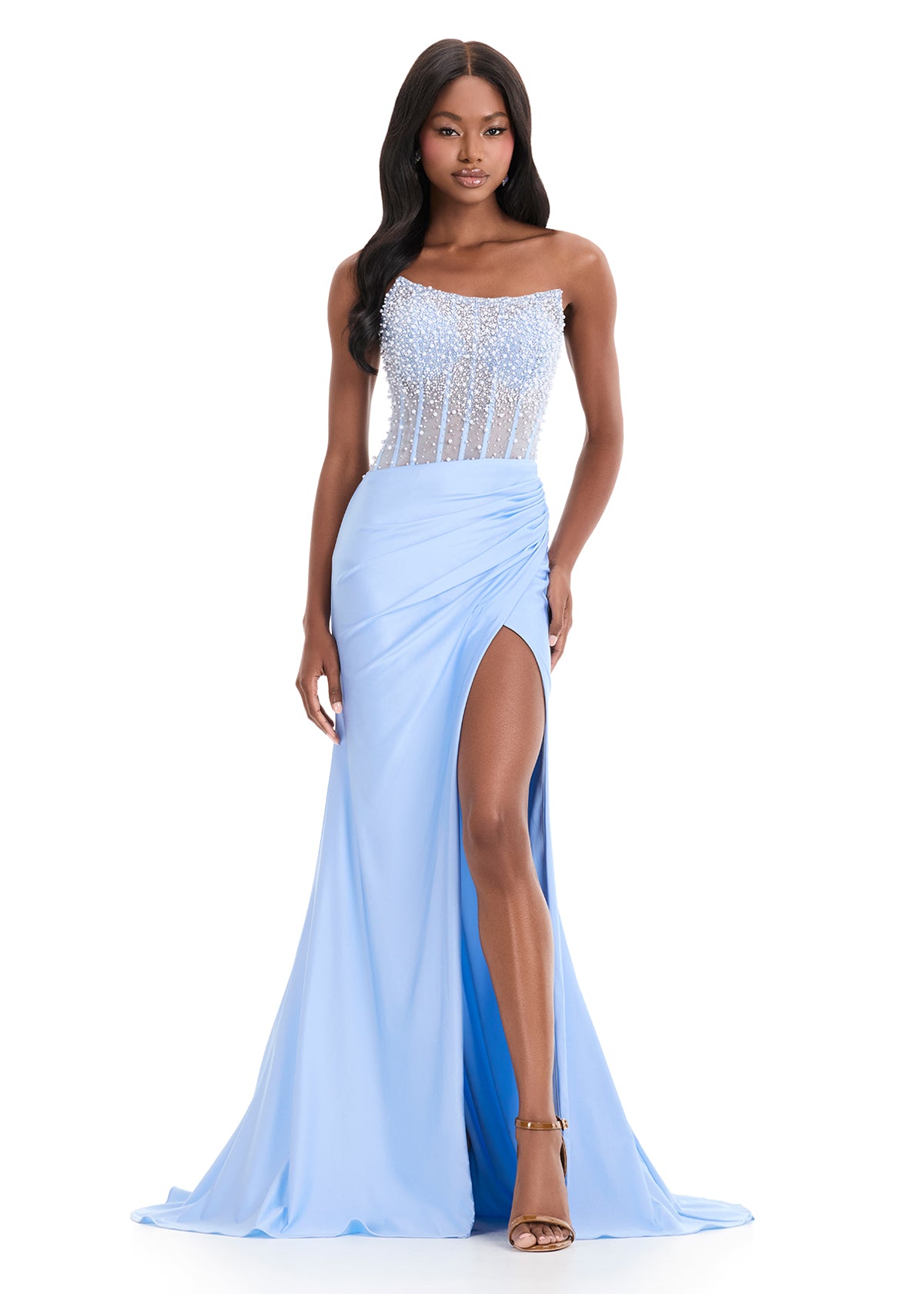 ASHLEYlauren 12087 Jersey Gown with Beaded Bodice and Side Slit ASHLEYlauren 12087 Jersey Gown with Beaded Bodice and Side Slit