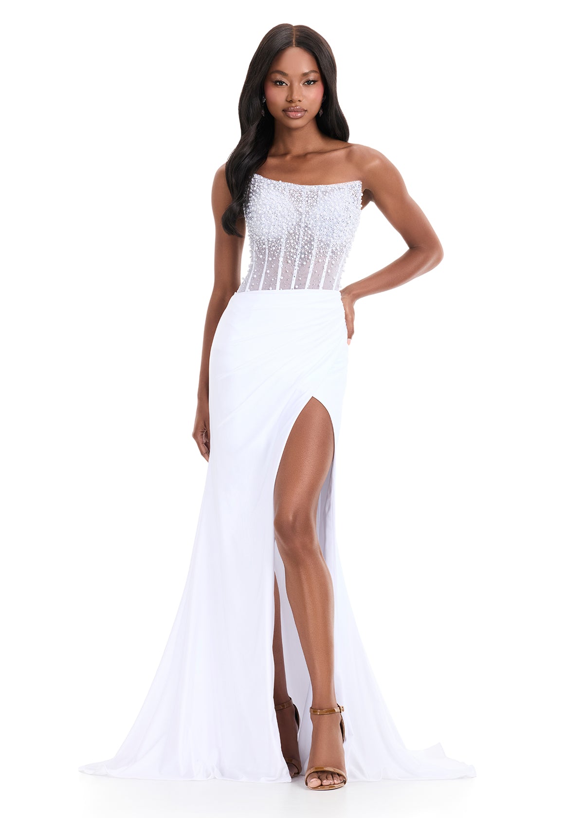 ASHLEYlauren 12087 – Jersey Gown with Beaded Bodice and Side Slit