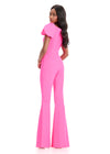 ASHLEYlauren 12089 Jumpsuit | Hot Pink tailored scuba jumpsuit with a square neckline, puff sleeves, and waist bow accent for a polished yet bold evening look.