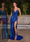 ASHLEYlauren Style 12149 | Turquoise/Royal fully beaded fitted gown with plunging neckline, high slit, lace-up back, and dramatic sweep train