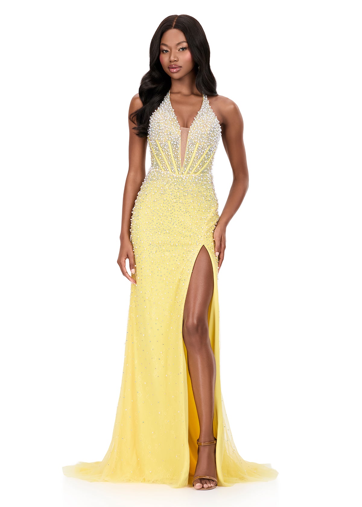 ASHLEYlauren Style 12177 - Lace Beaded Dress with Plunging Neckline