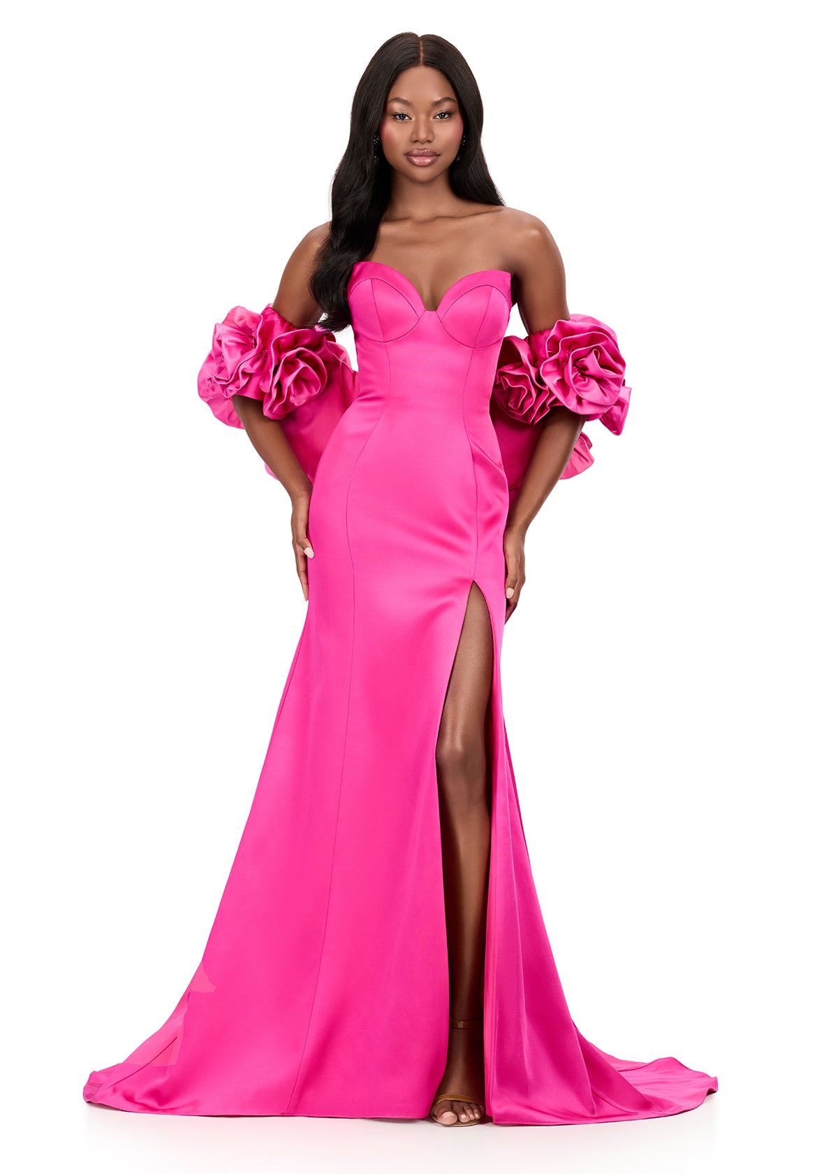ASHLEYlauren Style 12185 - Fitted Satin Prom Dress with Rosette Cape