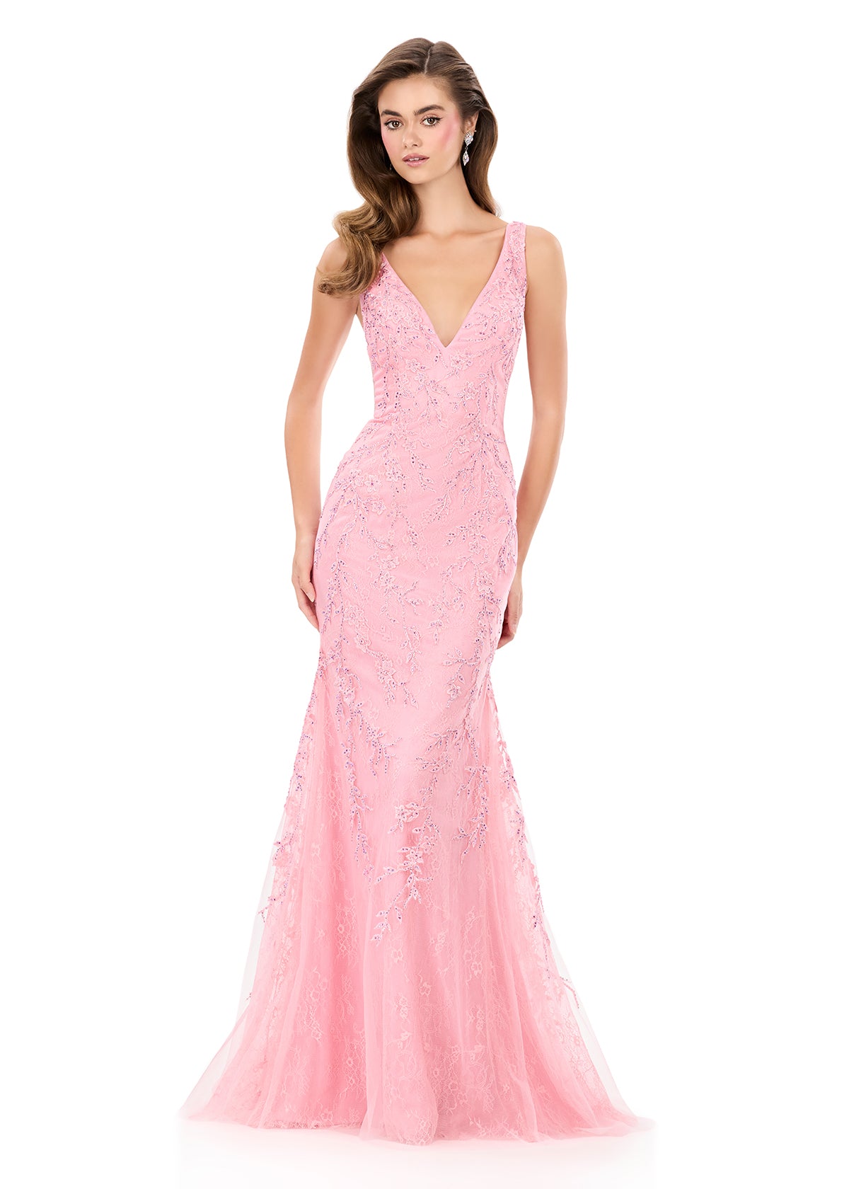 ASHLEYlauren 12190 | Pink evening gown featuring lace appliqué, sculpted silhouette, and flared hem