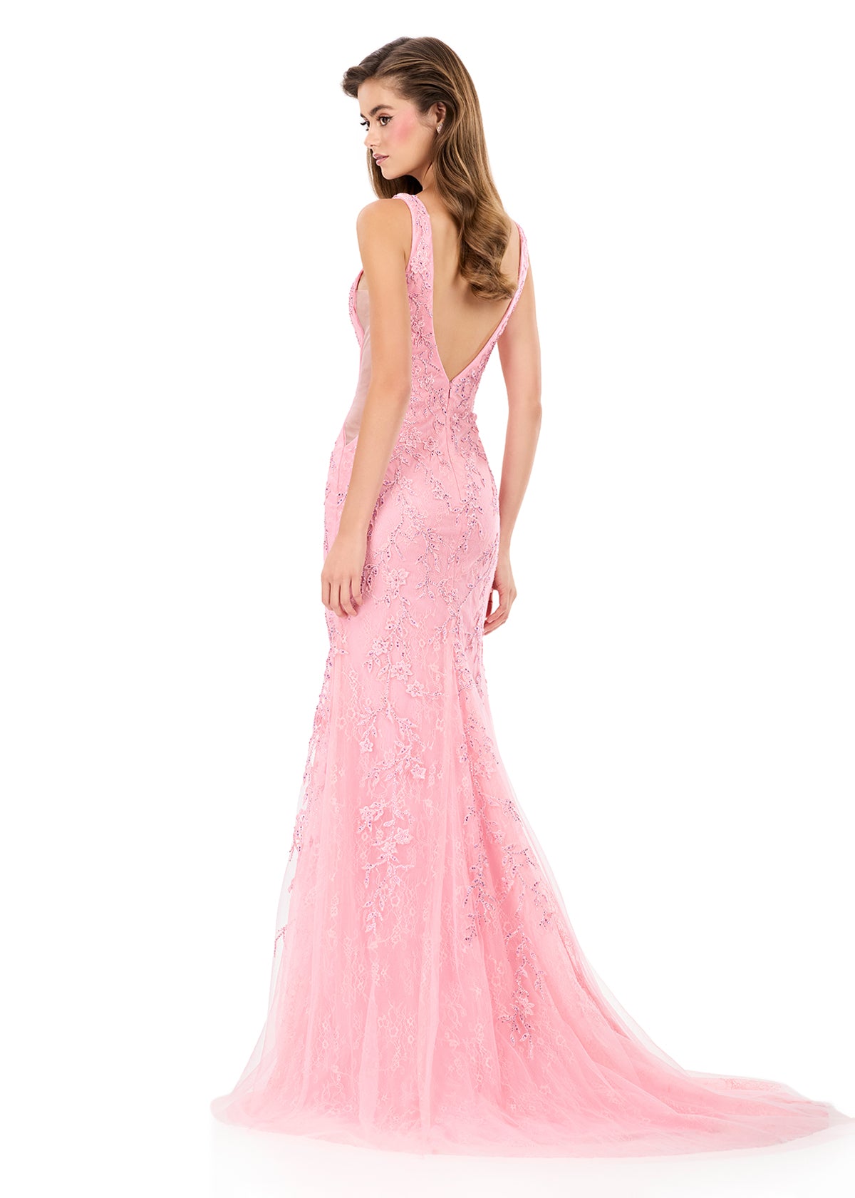 ASHLEYlauren 12190 | Pink lace fitted gown with V-neckline, illusion sides, and open back