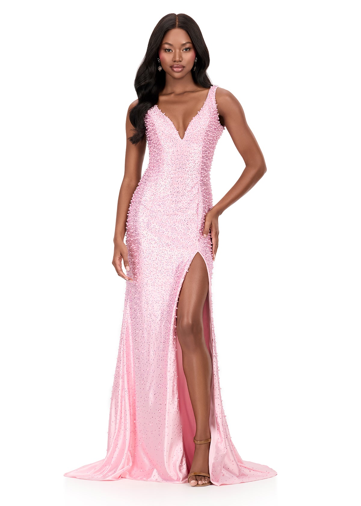 high low beaded dress Beaded Dress with Plunging Neckline and Overskirt 38860