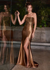 ASHLEYlauren Style 12200 | Cocoa strapless fitted jersey gown with heat set stone embellishment, thigh high slit, sweeping train, and sleek sculpted silhouette