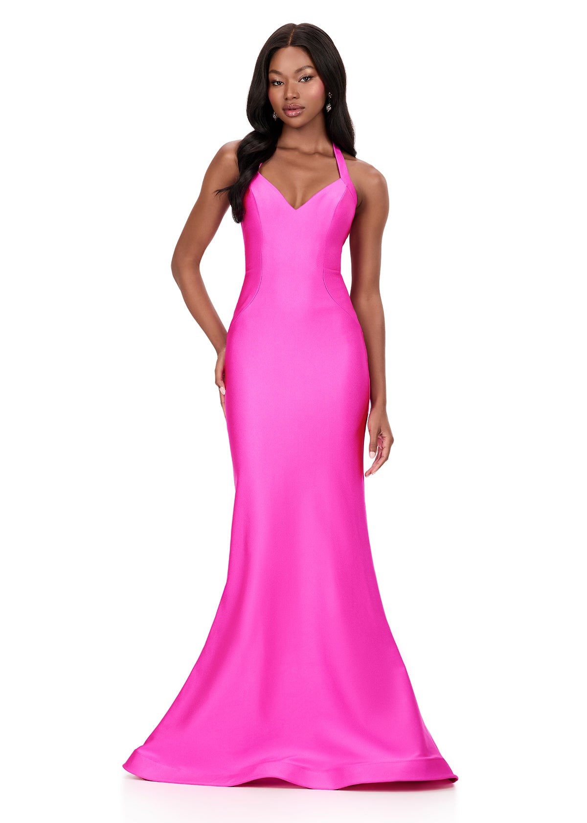 ASHLEYlauren 12205 | Fuchsia jersey gown featuring strappy neckline, open lace-up back, and figure-hugging silhouette