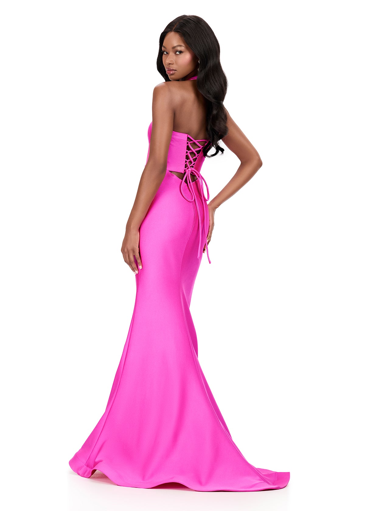 ASHLEYlauren 12205 | Fuchsia fitted jersey gown with halter neckline, lace-up open back, and elegant sweep train. Back