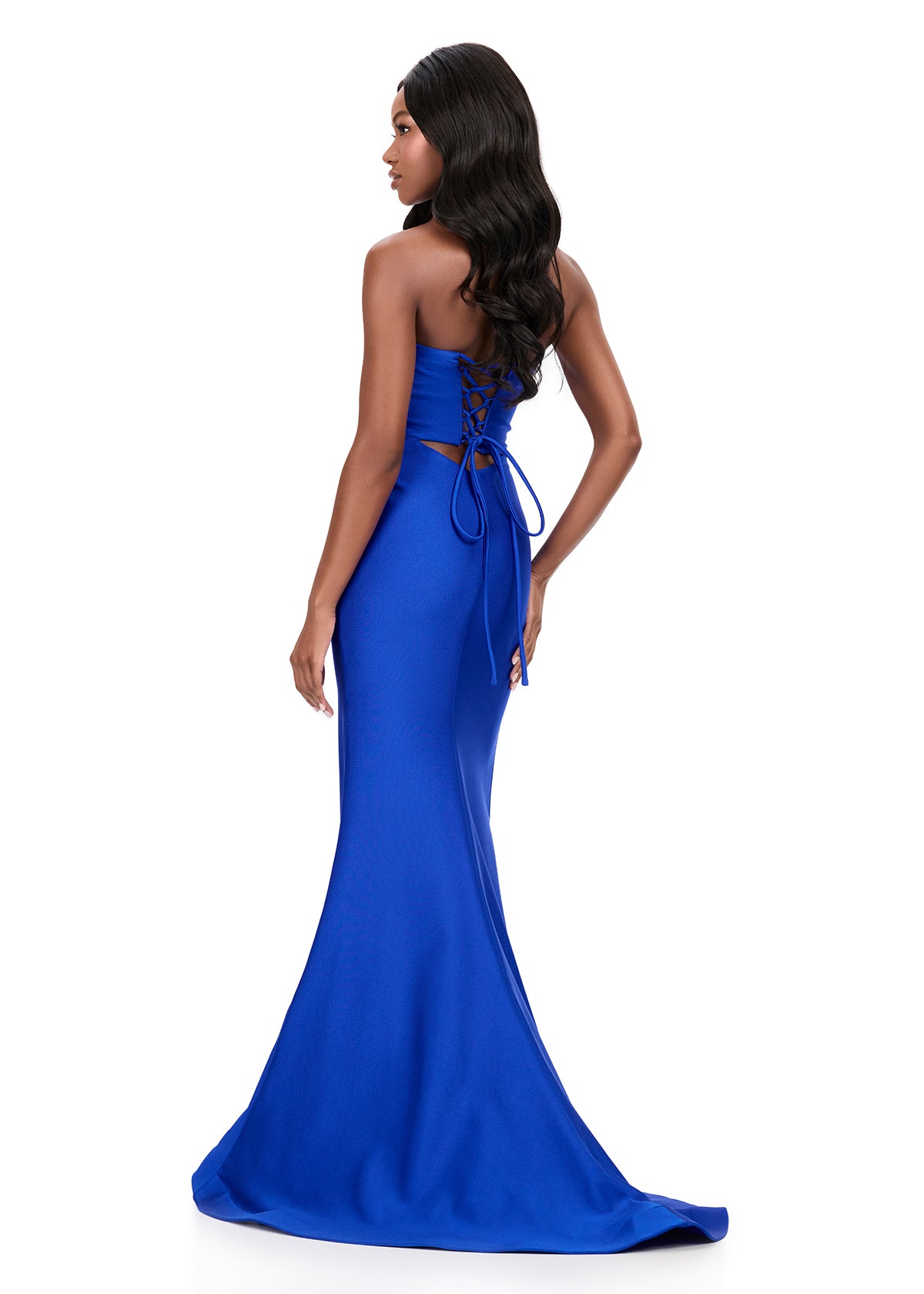 ASHLEYlauren 12205 | Royal fitted jersey gown with strappy halter neckline, lace-up open back, and sweeping train. Back