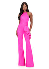 ASHLEYlauren 12209 | Fuchsia fitted scuba jumpsuit with high neckline, waist ruching, and wide flared legs for a striking silhouette