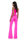 ASHLEYlauren 12209 | Fuchsia scuba jumpsuit featuring a halter neckline, ruched waist, and flared pant leg for bold contemporary styling. Back