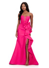 ASHLEYlauren 12212 | Fuchsia fitted mikado gown featuring sleek silhouette, oversized bow, and cascading ruffle detail