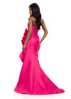 ASHLEYlauren 12212 | Fuchsia strapless mikado gown with plunging neckline, dramatic bow ruffle, and lace-up back. Back