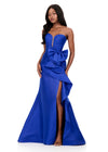 ASHLEYlauren 12212 | Royal fitted mikado gown featuring structured corset bodice, oversized bow detail, and sweep ruffle