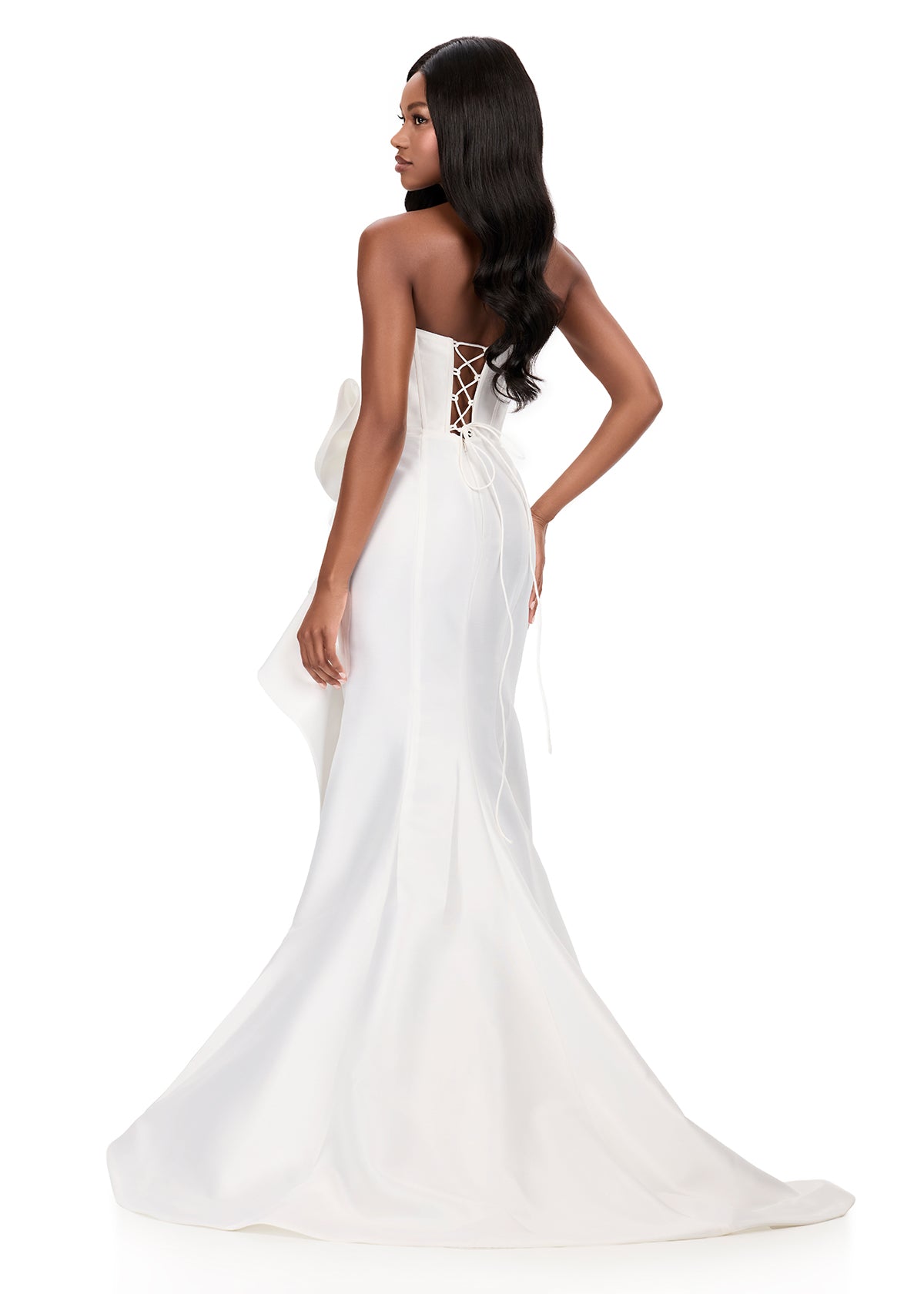 ASHLEYlauren 12212 | White strapless mikado gown with plunging neckline, oversized bow, cascading ruffle, and lace-up back. Back