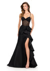 ASHLEYlauren 12213 | Black fitted taffeta gown featuring sweetheart neckline, sheer corset, and dramatic ruffled slit