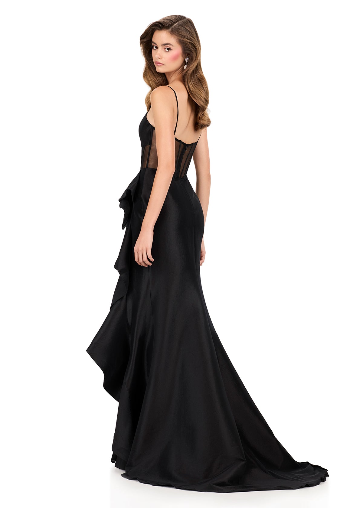 ASHLEYlauren 12213 | Black taffeta gown with sheer exposed-boning corset bodice and bold cascading ruffle slit. Back