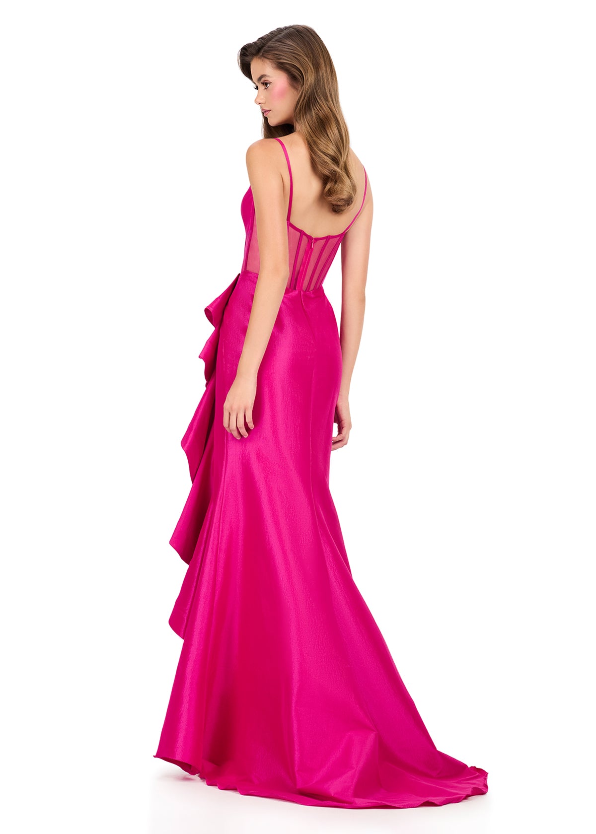 ASHLEYlauren 12213 | Fuchsia taffeta gown with sheer exposed-boning corset bodice and cascading ruffle slit skirt. Back