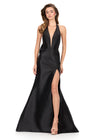 ASHLEYlauren 12214 | Black halter gown featuring sleek mikado silhouette, statement back ruffle bow, and subtle train