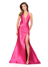 ASHLEYlauren 12214 | Fuchsia halter evening gown featuring sleek silhouette, bold back ruffle bow, and flowing train